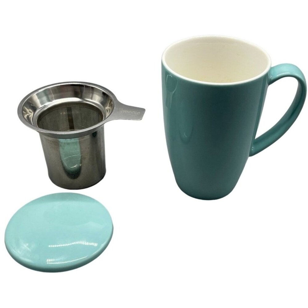 Sweese turquoise porcelain tea mug with infuser and lid 15oz lead free READ